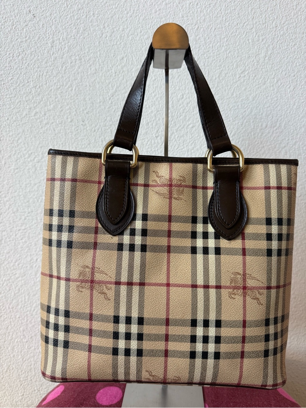 Burberry Nova Check Tote Bag Brown Leather Trim Italy w Dust Bag